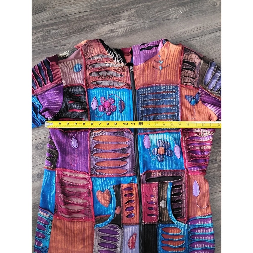 Handmade Nepal Patchwork Razor Cut Hoodie Jacket Multicolor Boho XL Cotton - Picture 8 of 9